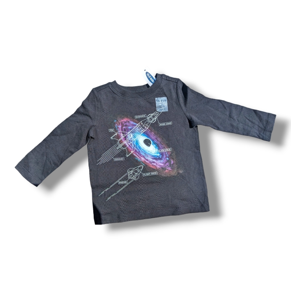 Old Navy Boys 18-24m  Black Long Sleeve Space Ship & Black Hole Graphic T-shirt